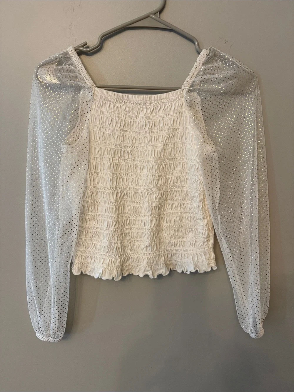 GAP Cream Smocked Top with Sheer Gold Polka-Dot Sleeves